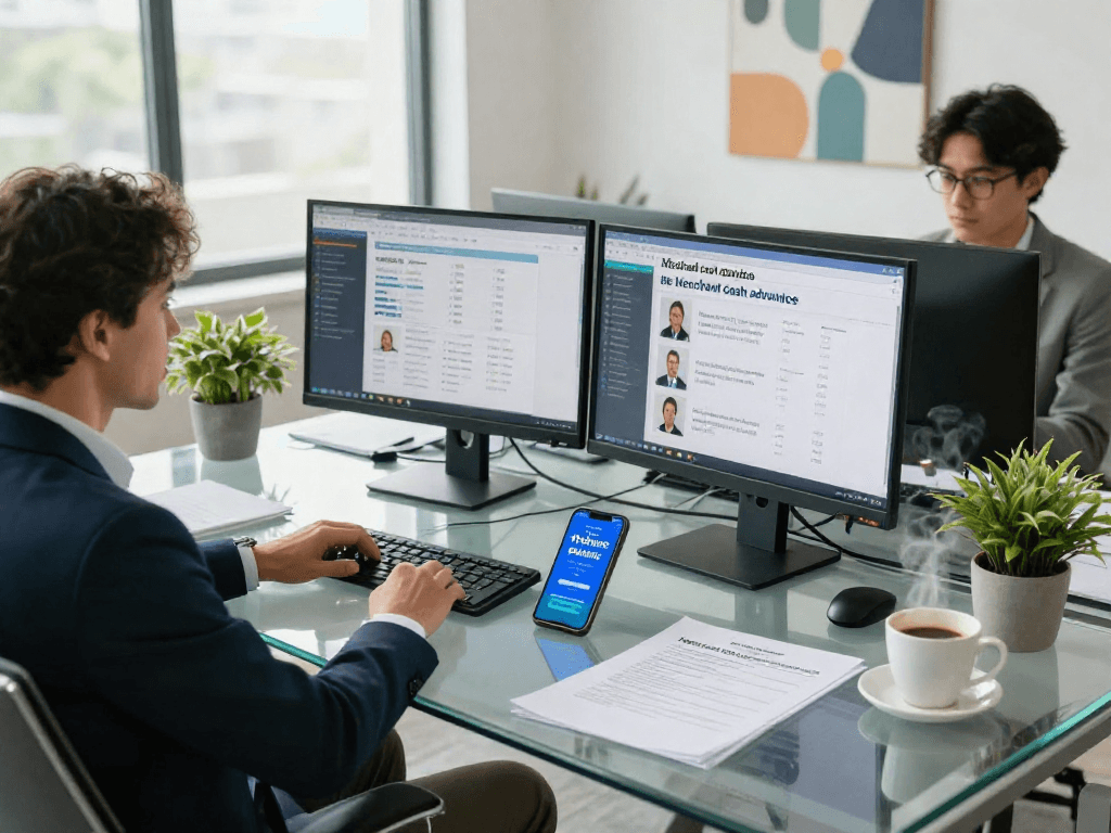 Engaged professional reviewing live transfer merchant cash advance leads in modern office environment.