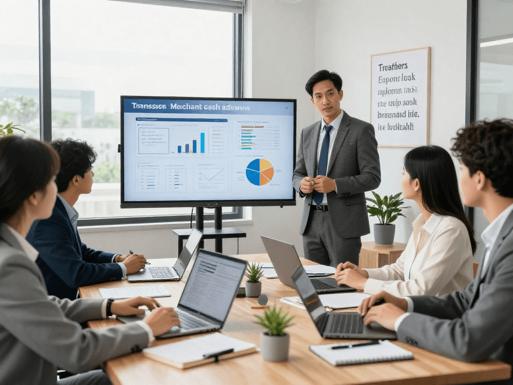 Business consultant showcasing live transfer merchant cash advance leads to business owners in a modern office meeting.